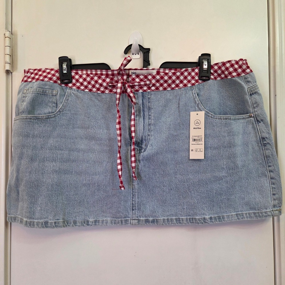 No Boundaries Womens XL Game Day Denim Skirt Red Sedona Gingham Trim Mid Rise